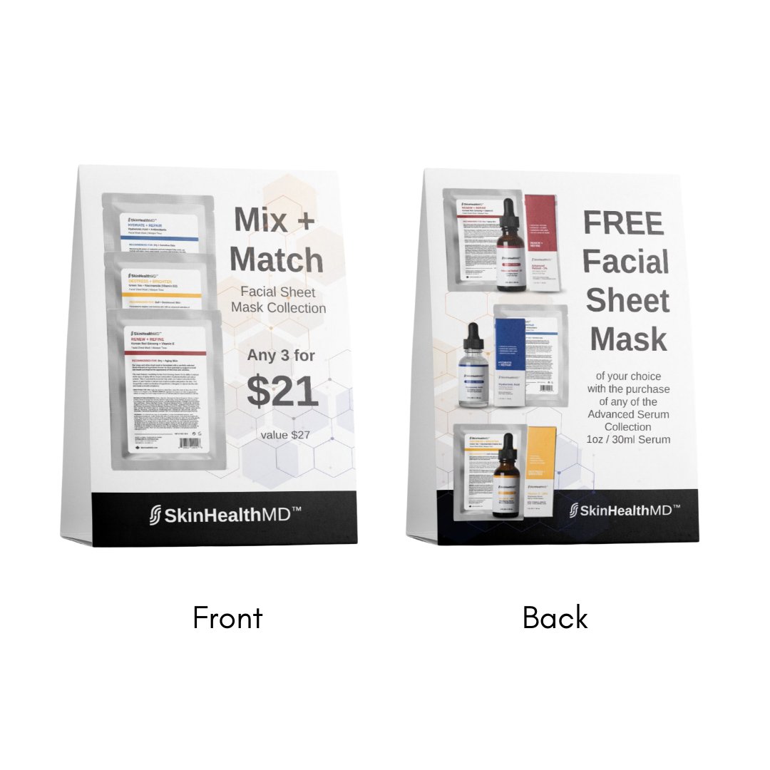SkinHealthMD Mask Collection POS Retail Promotional Tent Card (2 sided, 2 promos) - SkinHealthMD Advanced Skincare