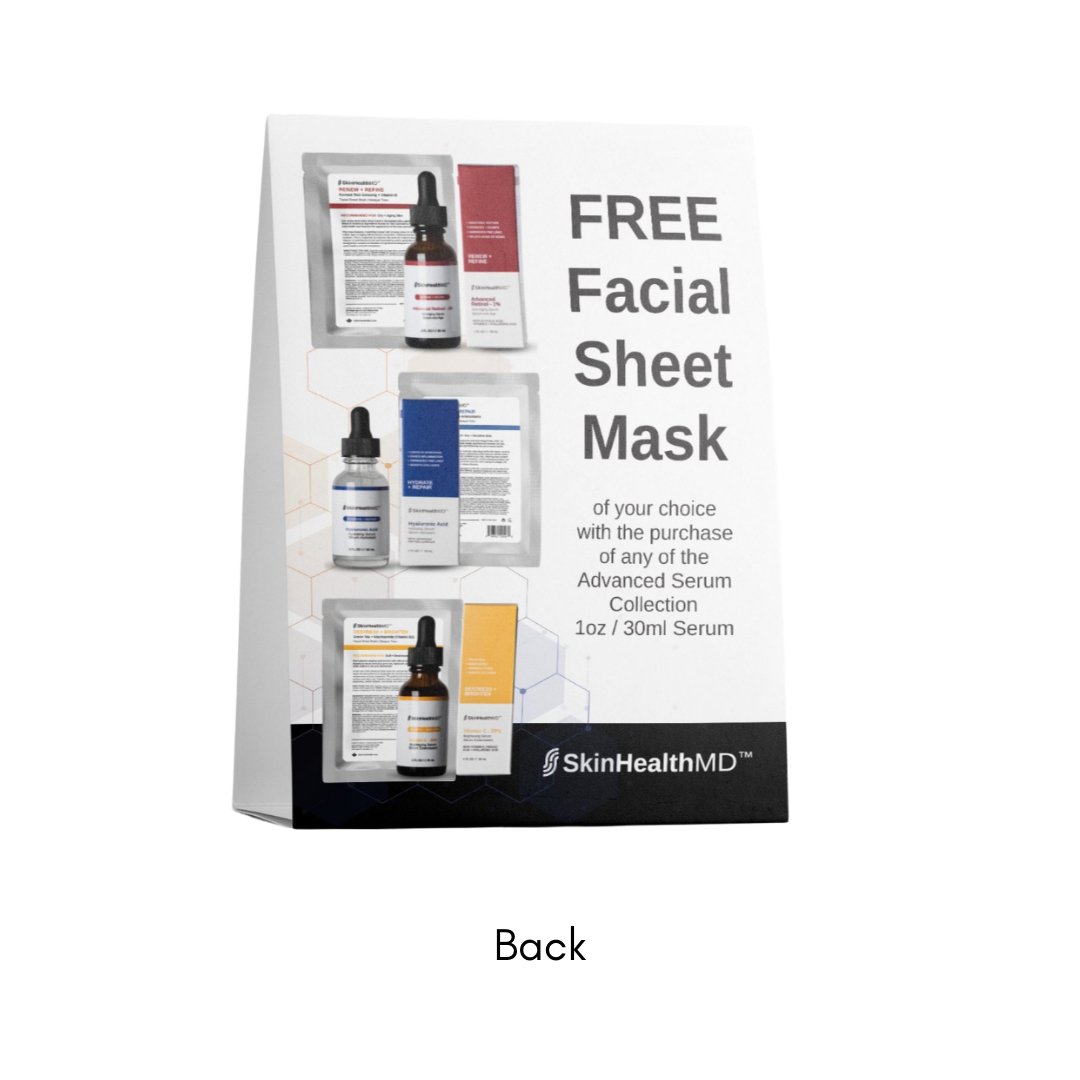 SkinHealthMD Mask Collection POS Retail Promotional Tent Card (2 sided, 2 promos) - SkinHealthMD Advanced Skincare