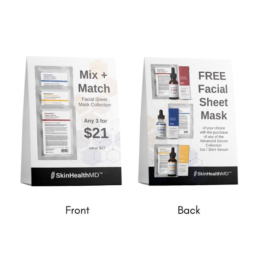 SkinHealthMD Mask Collection POS Retail Promotional Tent Card (2 sided, 2 promos) - SkinHealthMD Advanced Skincare